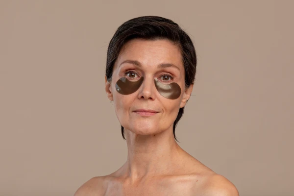 Femme utilisant des patchs anti-cernes pour traiter les poches sous les yeux.