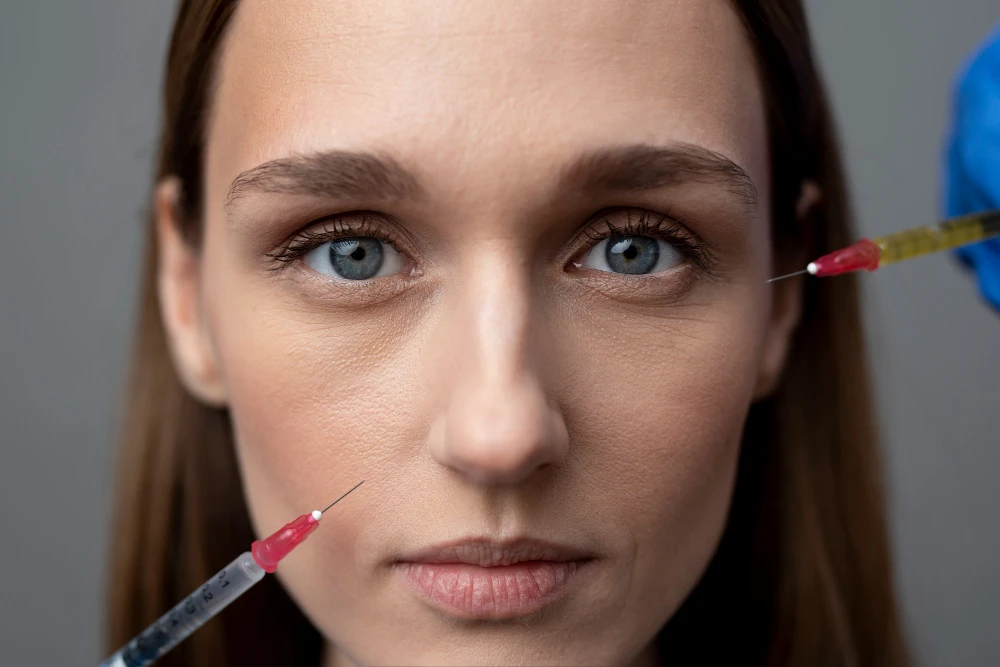 Femme avec seringues près du visage pour une procédure de lipofilling facial.