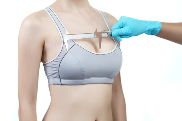 Mesure de la poitrine avant une augmentation mammaire avec un soutien-gorge de contention